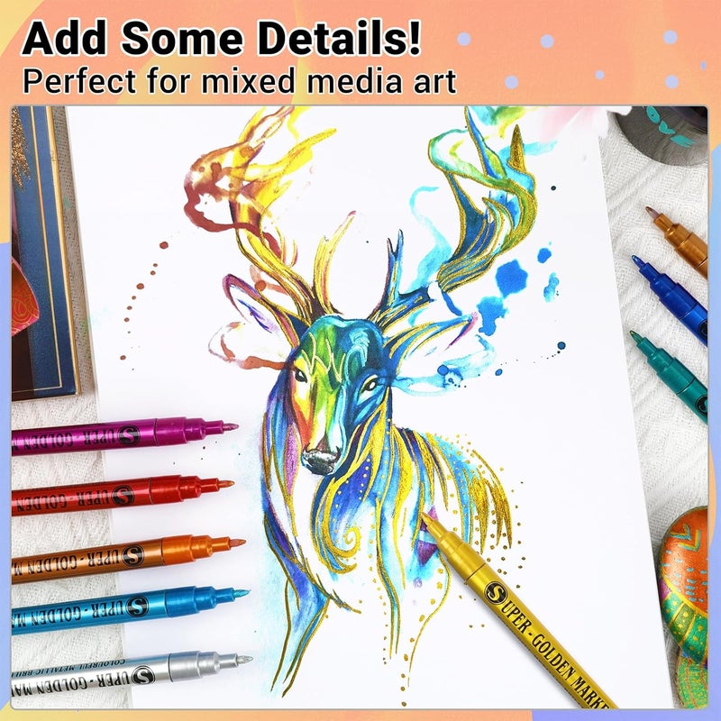 SAKEYR Super Golden Metallic Paint Markers, 12 Colors Sparkle Metallic Glitter Markers, 0.7mm Extra Fine Point Acrylic Paint Pens for Rock Painting, Glass, Wood, Black Paper, Scrapbook, DIY Art Crafts - Image 4